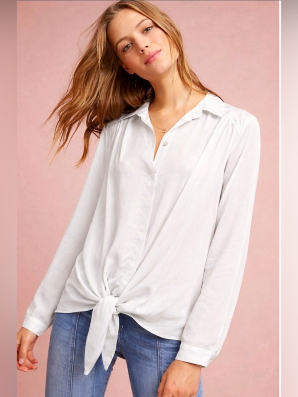 Anthropologie Maeve Tuesday Blouse Ivory Button Down Tie Front Shirt Sz S Preppy
